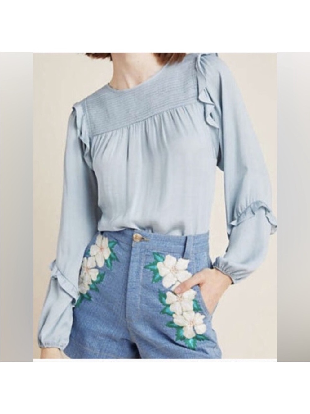 dolan Pale Blue Ruffle-Trim Long Sleeve Blouse